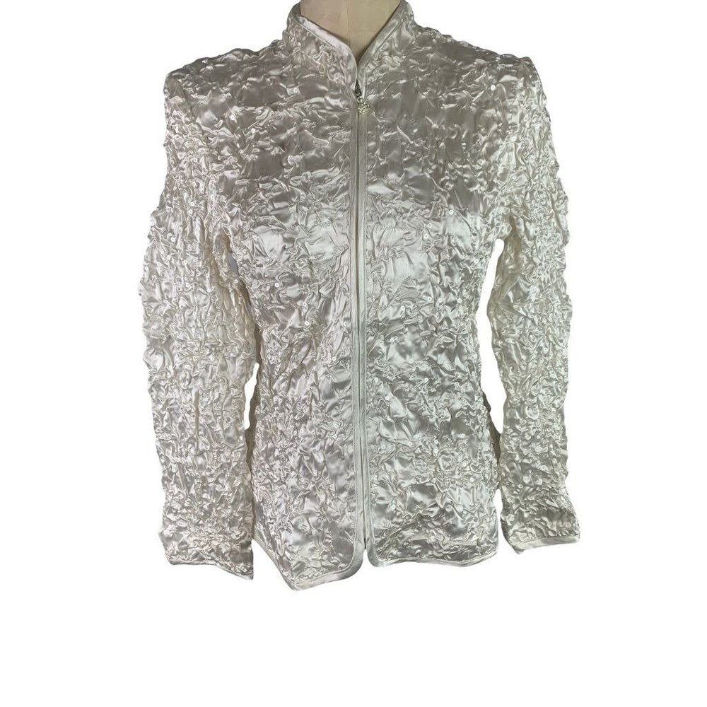 Large Addressing Woman‎ New Ivory Pucker Satin Full Zip Sequin Jacket - Picture 5 of 10
